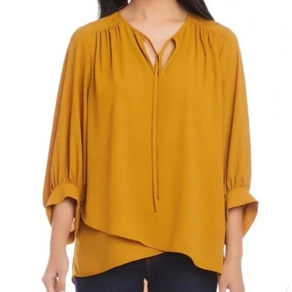 KAREN KANE Mustard Gold/Yellow CROSSOVER BLOUSE TOP Tie Neck Peasant Poet's XS